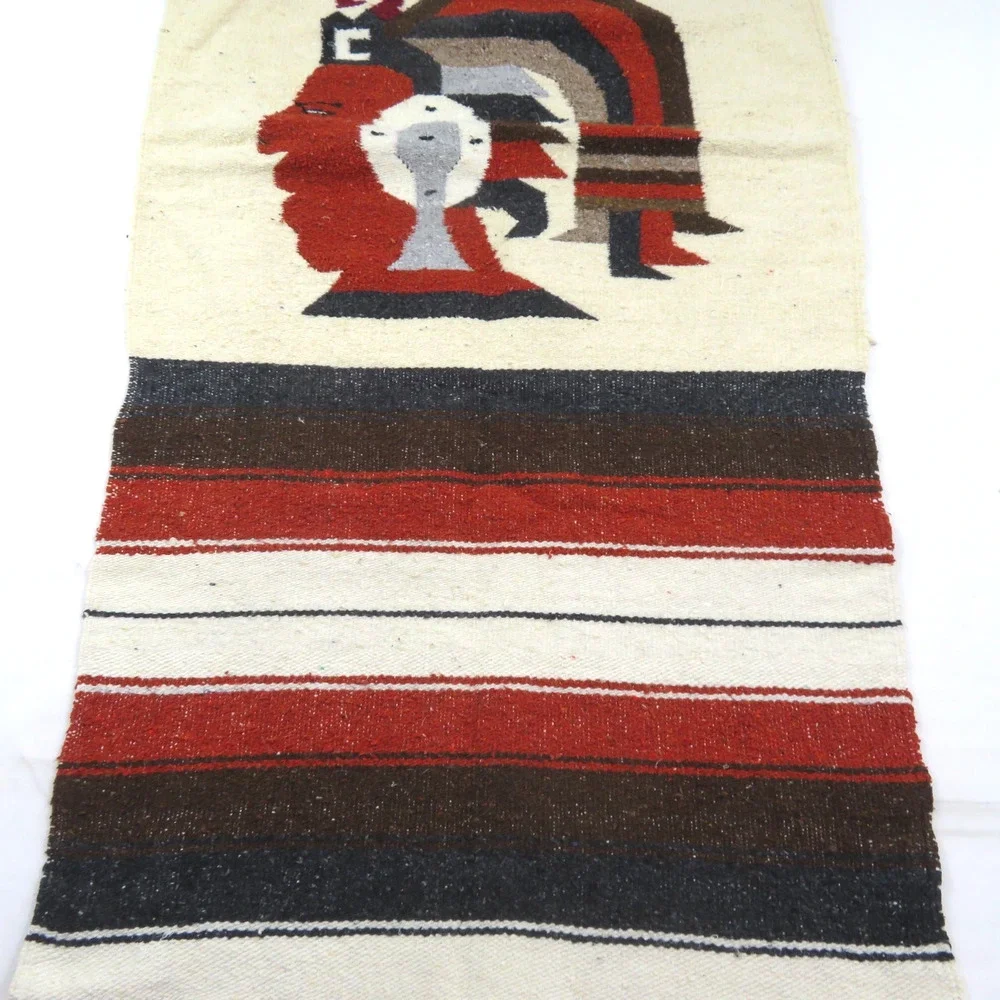 Mexican Style Woven Rug Wall Hanging- Aztec Chief Warrior 25 X 62 Vintage